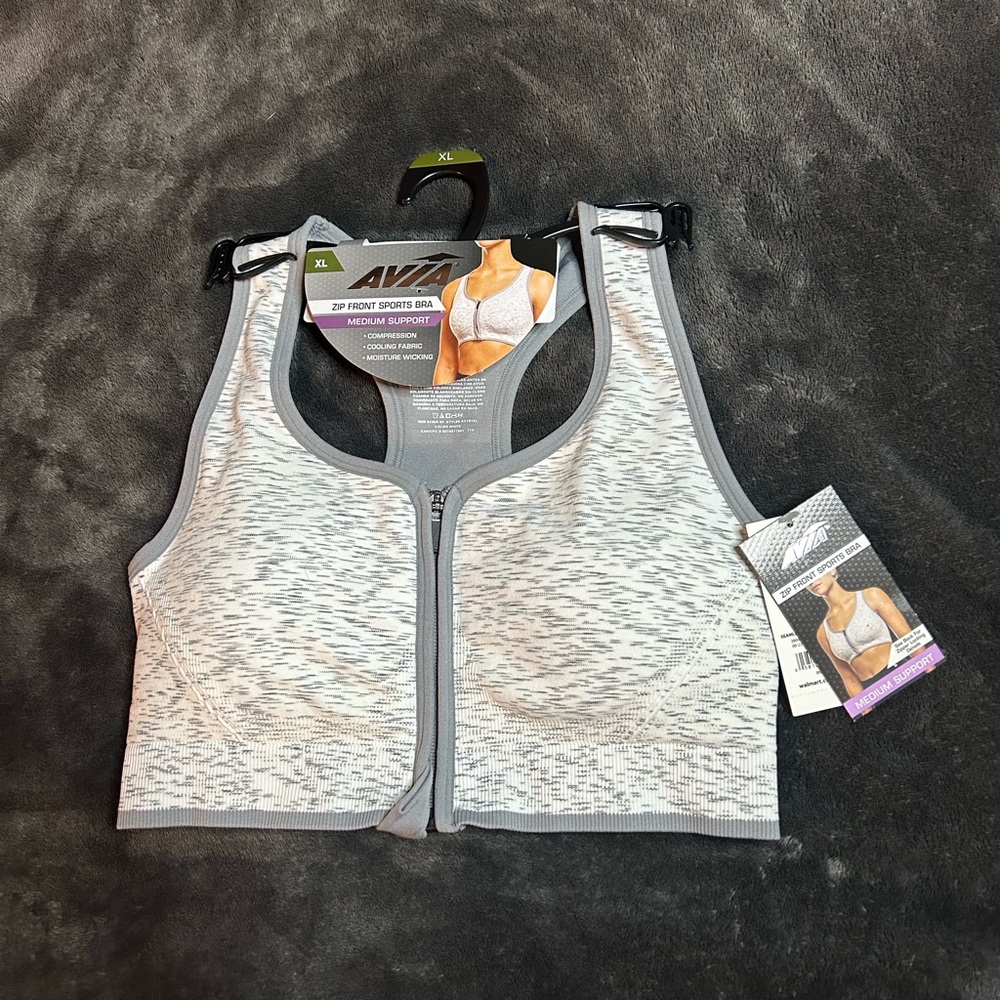 NWT AVIA Grey Zip Up Sports Bra Size XL